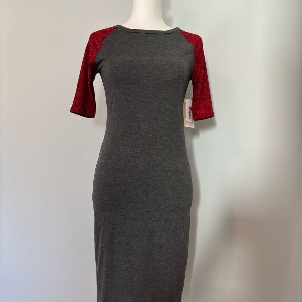 LuLaRoe "Julia" XXS Gray & Cute Red Sleeves
